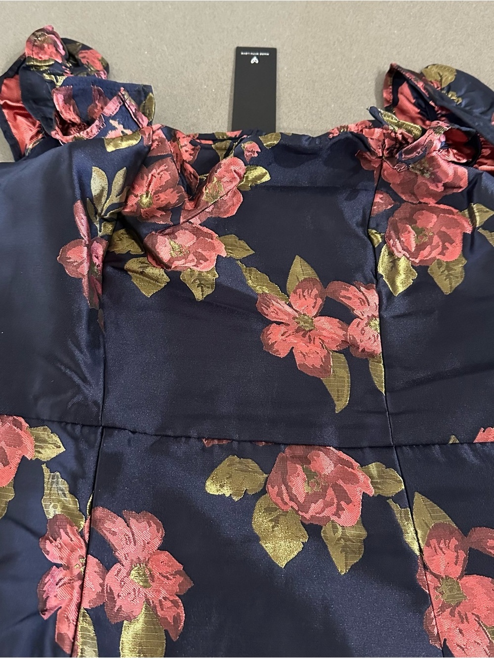 Lulus Navy Blue Floral Jacquard Off Shoulder Ruffle Mini Dress NWT Size S - Picture 6 of 10